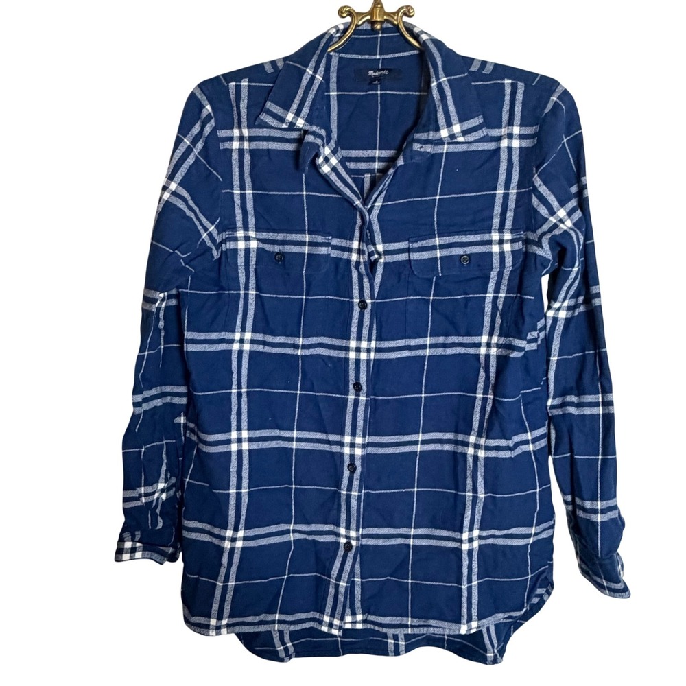 Madewell Ex-Boyfriend Shirt Blue White Plaid Flannel Button Down Small B0927